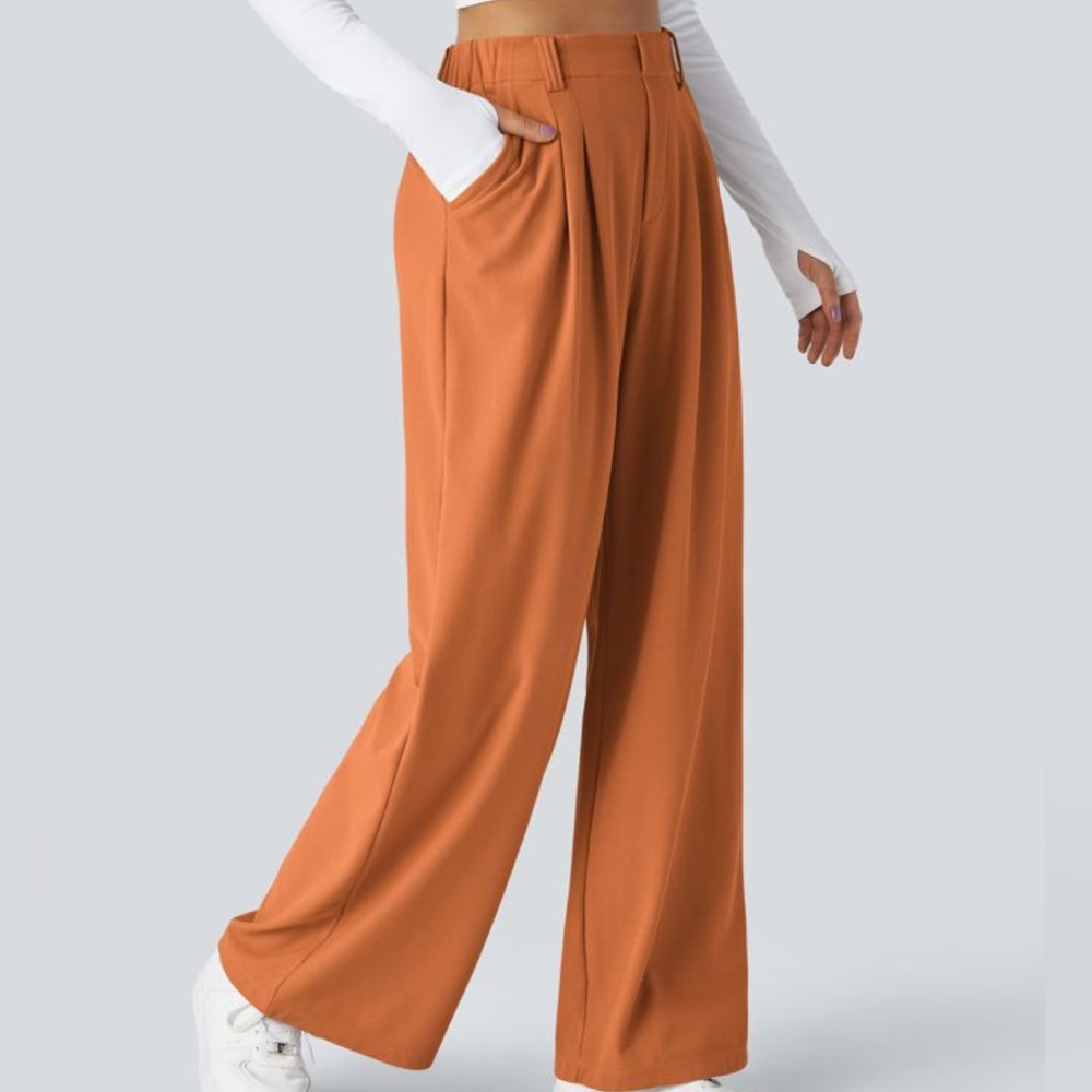 Halara NWOT Flex High Waisted Pocket Wide Leg Waffle Work Apricot Orange Sz M